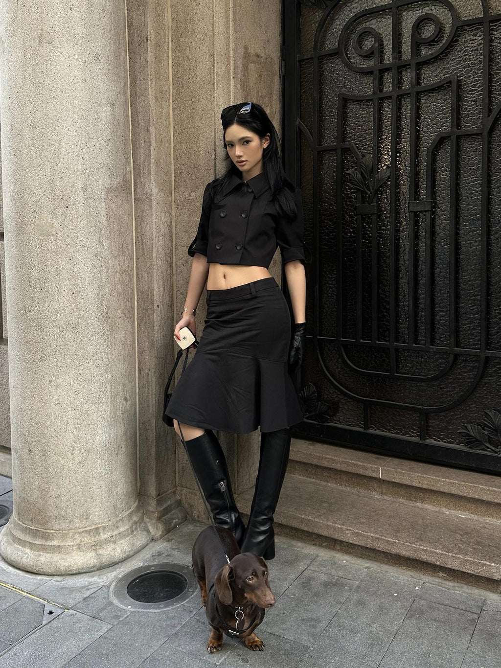 rovente Black Asymmetric Low Waist Slim Pencil Women's Woven Cotton Blend Midi Skirts