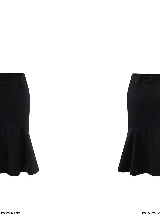 rovente Black Asymmetric Low Waist Slim Pencil Women's Woven Cotton Blend Midi Skirts