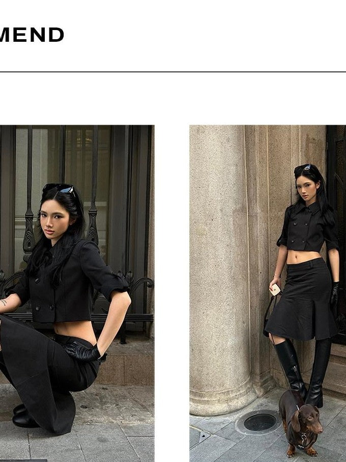 rovente Black Asymmetric Low Waist Slim Pencil Women's Woven Cotton Blend Midi Skirts