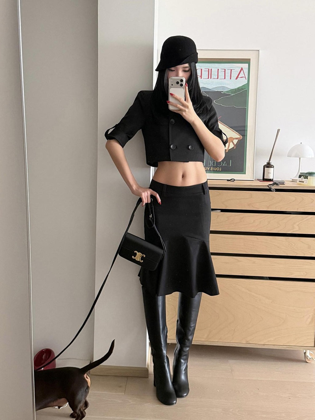 rovente Black Asymmetric Low Waist Slim Pencil Women's Woven Cotton Blend Midi Skirts