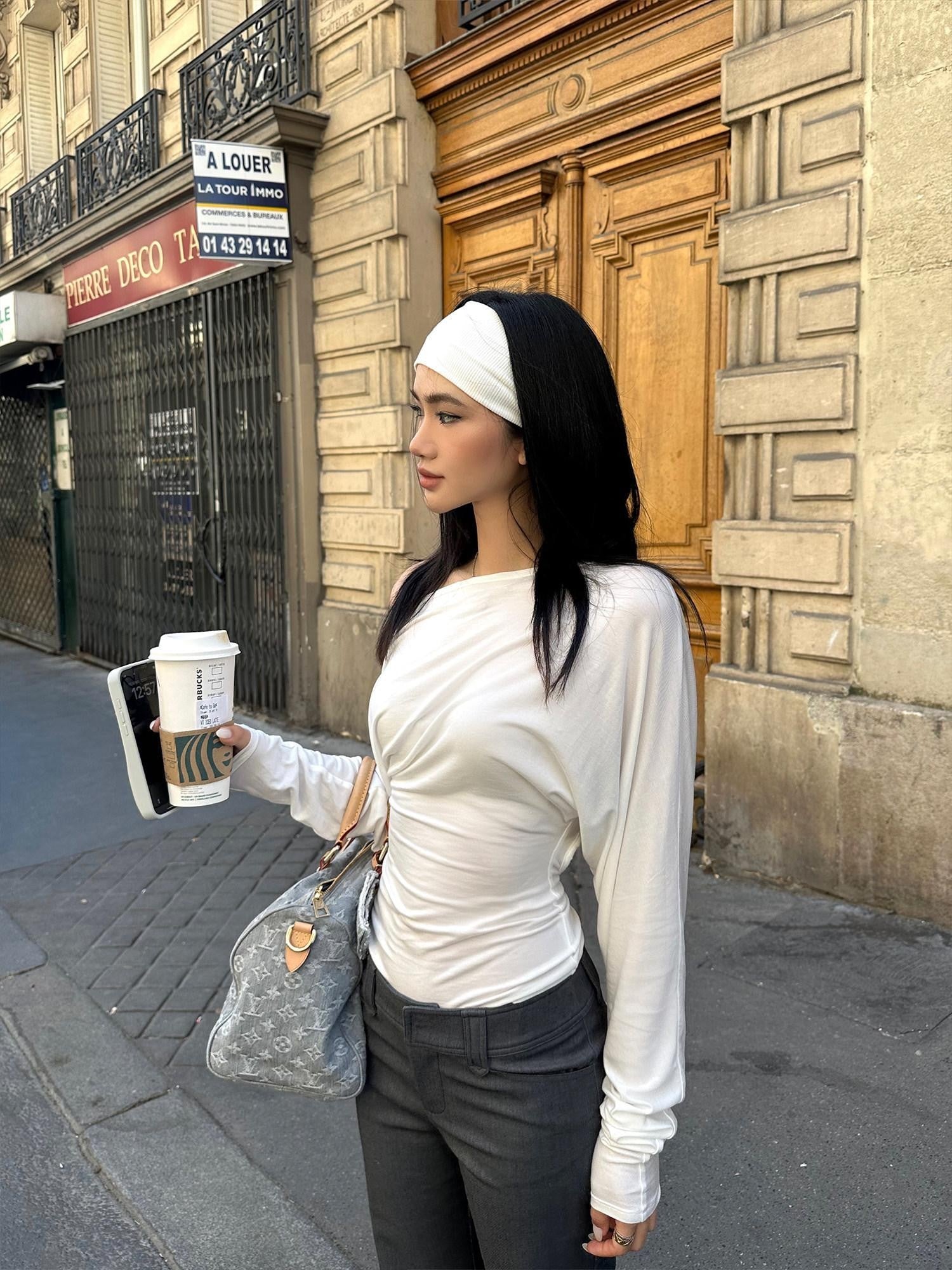 rovente Black Asymmetrical Off Shoulder Knit Women's Lyocell Long Sleeve T-shirts