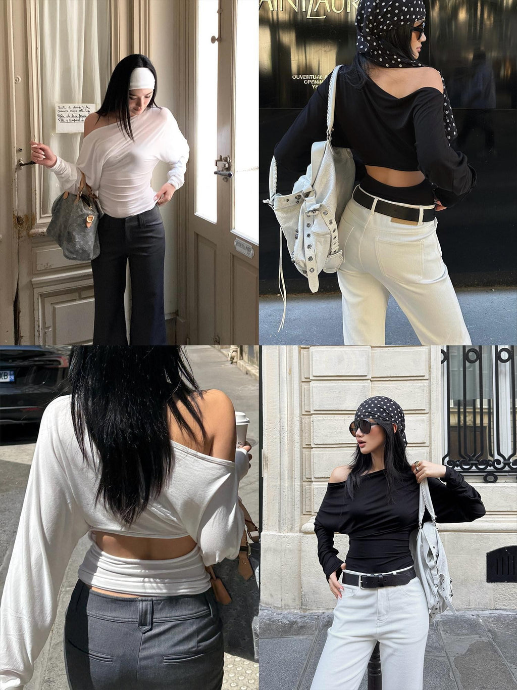 rovente Black Asymmetrical Off Shoulder Knit Women's Lyocell Long Sleeve T-shirts