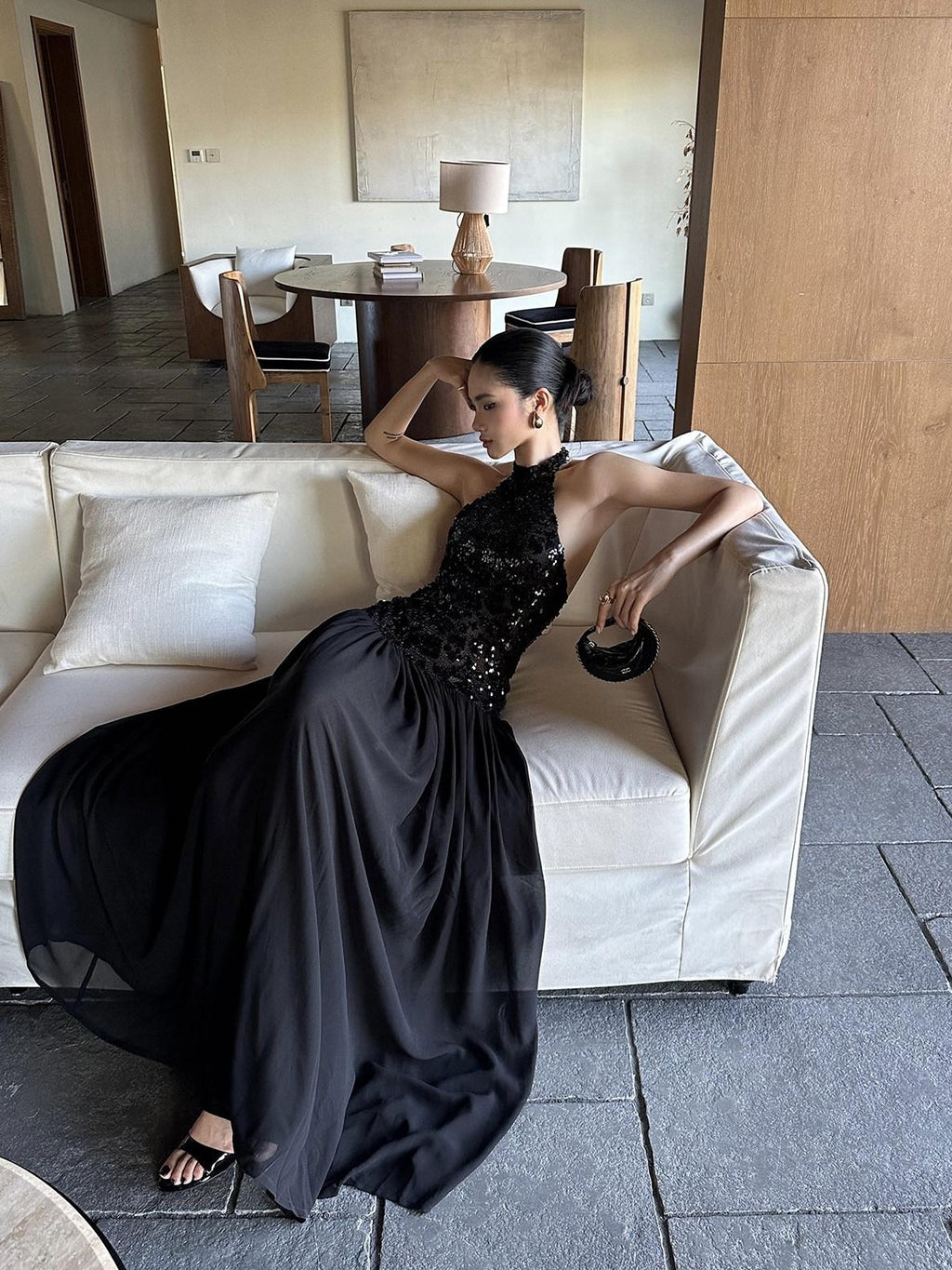 rovente Black Backless Sleeveless Women's Sequin Halter Maxi Dresses