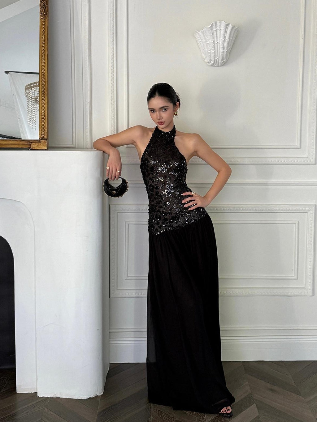 rovente Black Backless Sleeveless Women's Sequin Halter Maxi Dresses