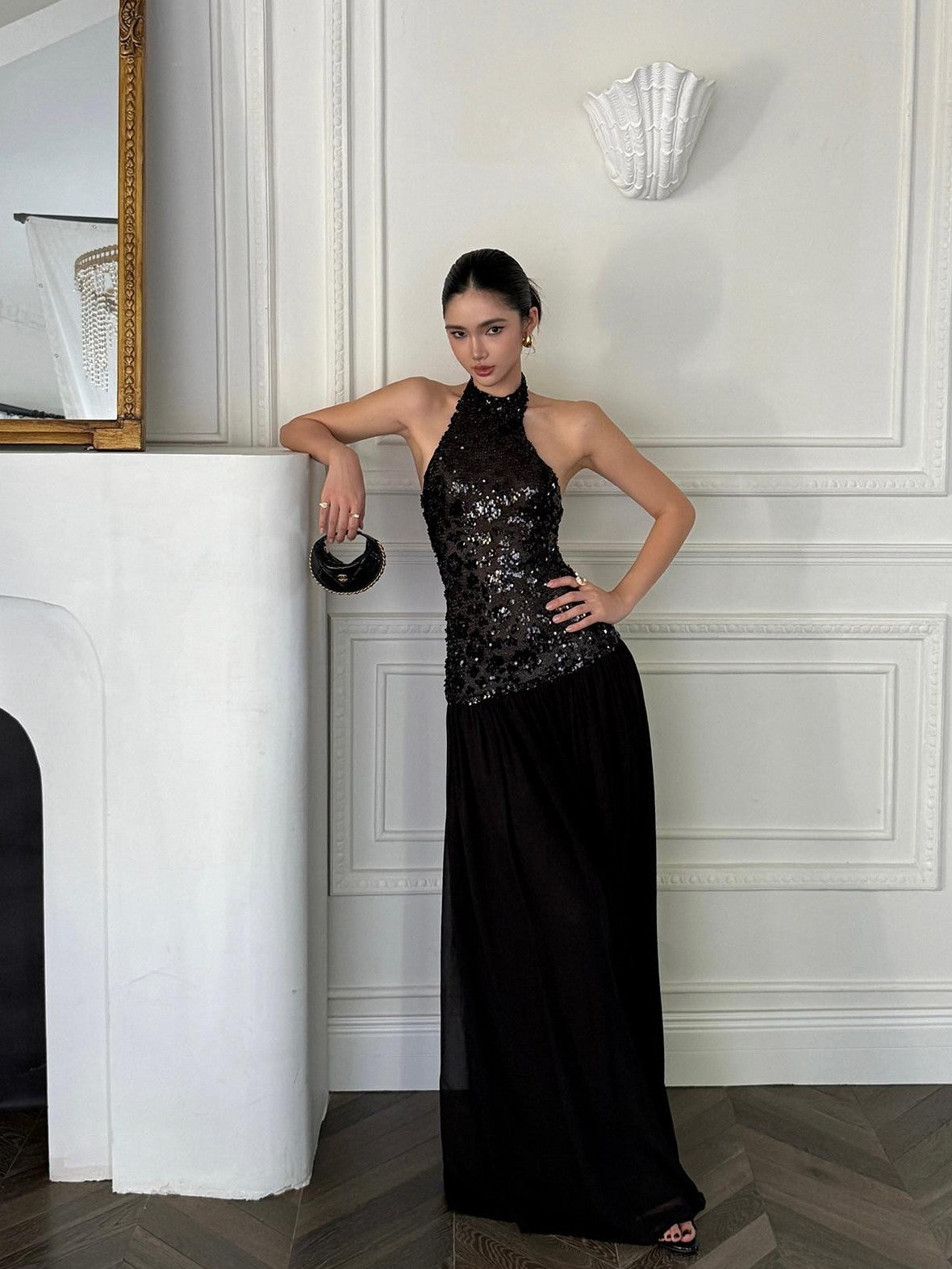 rovente Black Backless Sleeveless Women's Sequin Halter Maxi Dresses