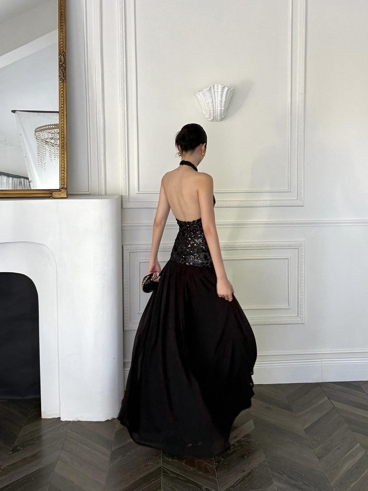 rovente Black Backless Sleeveless Women's Sequin Halter Maxi Dresses