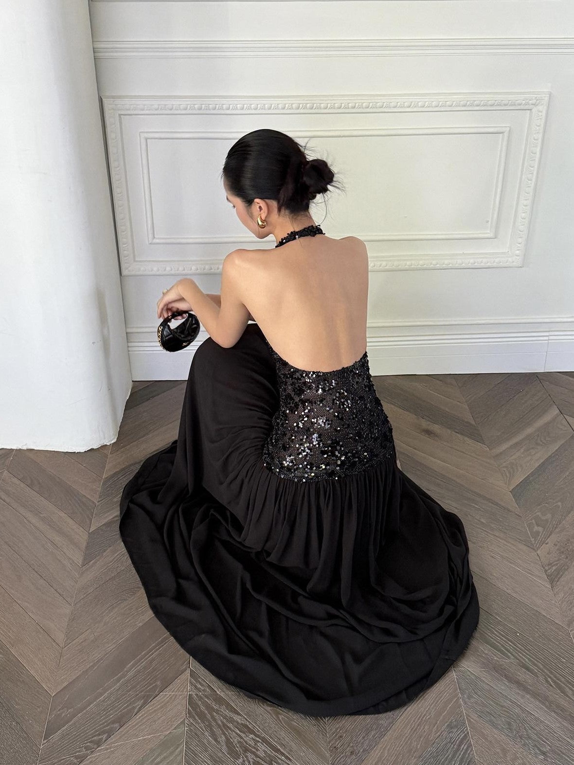 rovente Black Backless Sleeveless Women's Sequin Halter Maxi Dresses
