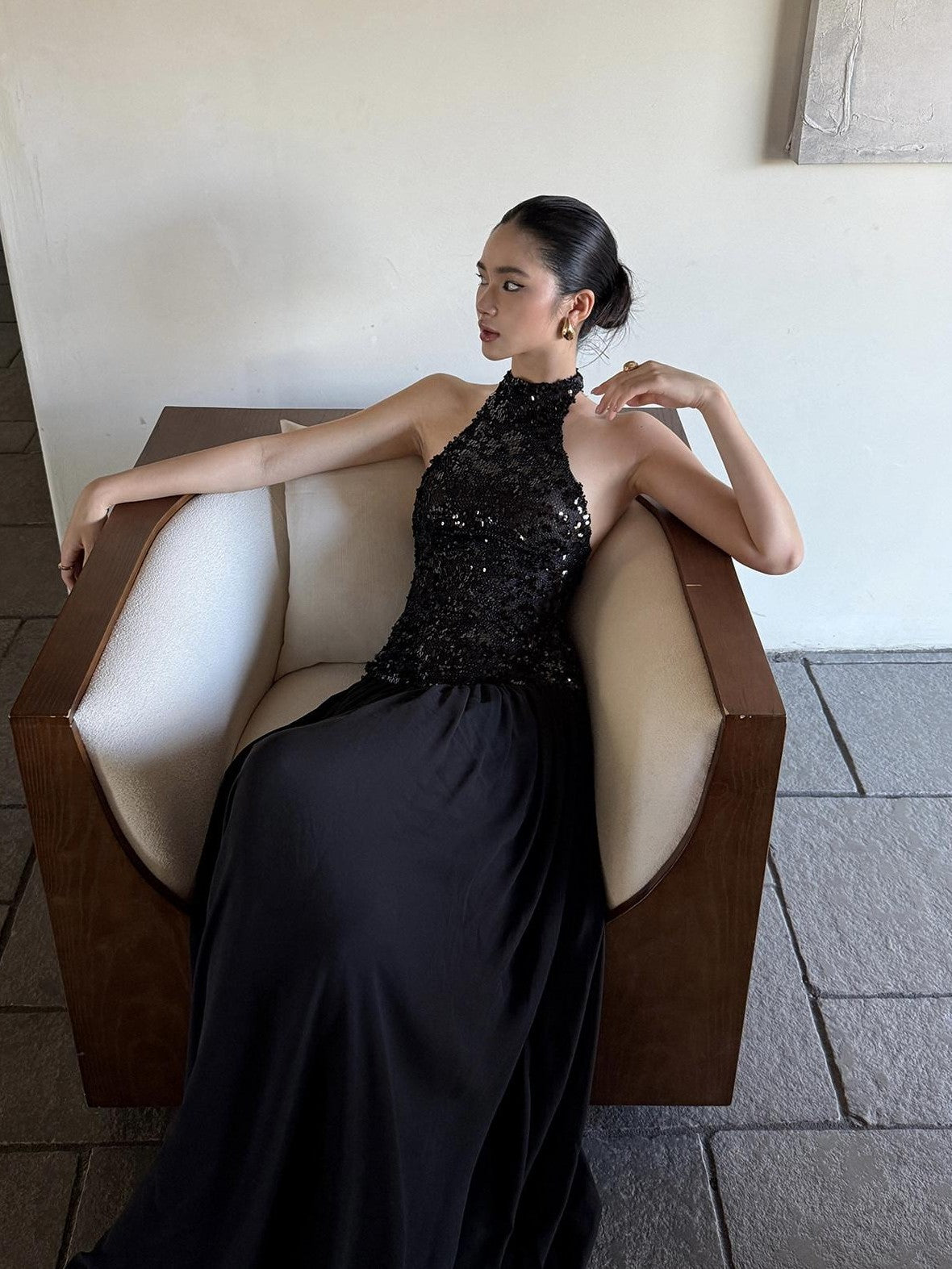 rovente Black Backless Sleeveless Women's Sequin Halter Maxi Dresses