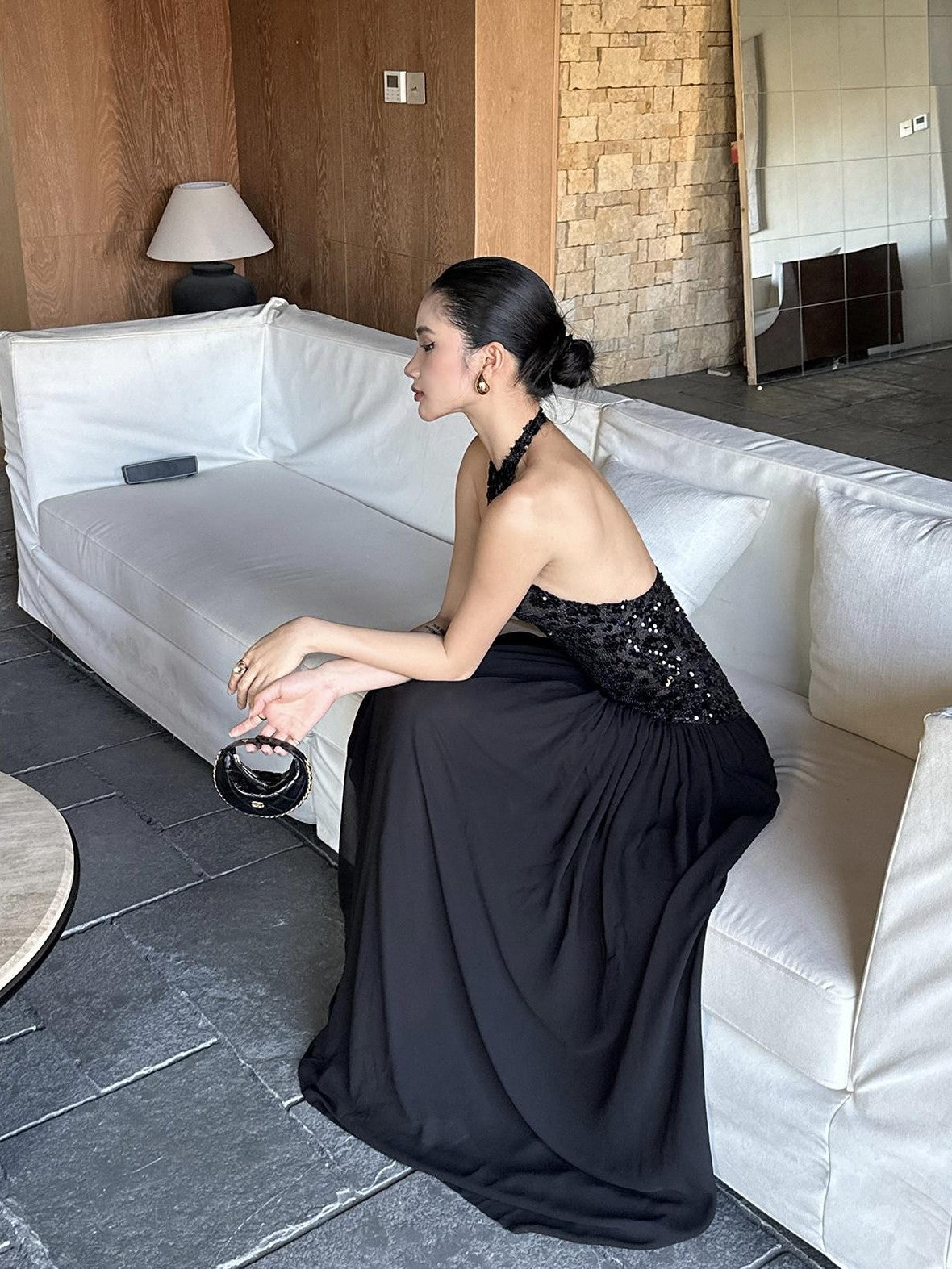 rovente Black Backless Sleeveless Women's Sequin Halter Maxi Dresses