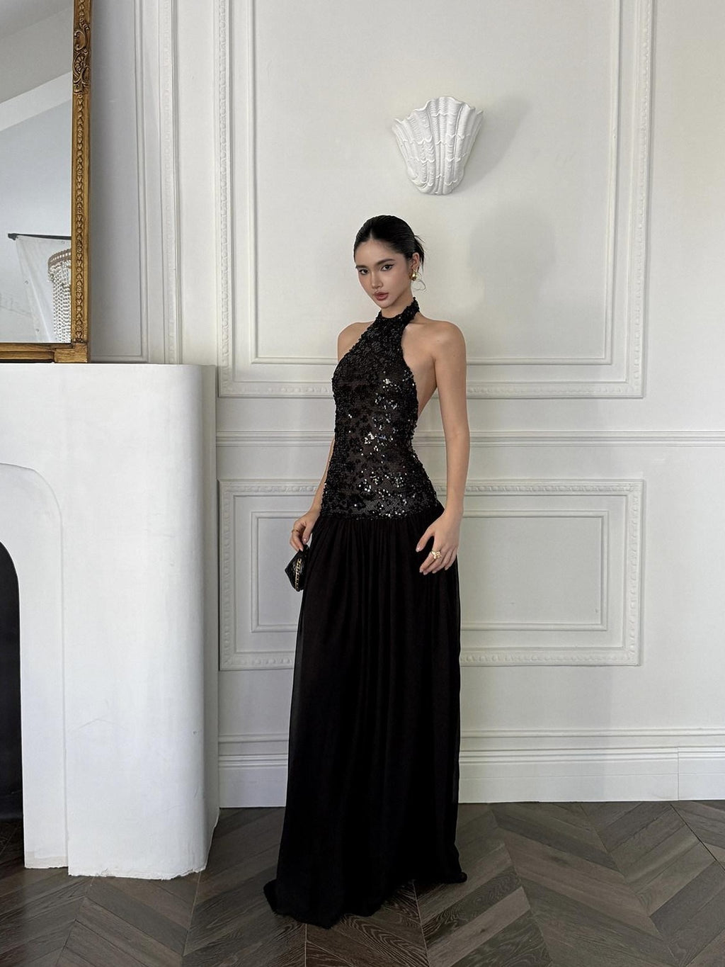 rovente Black Backless Sleeveless Women's Sequin Halter Maxi Dresses