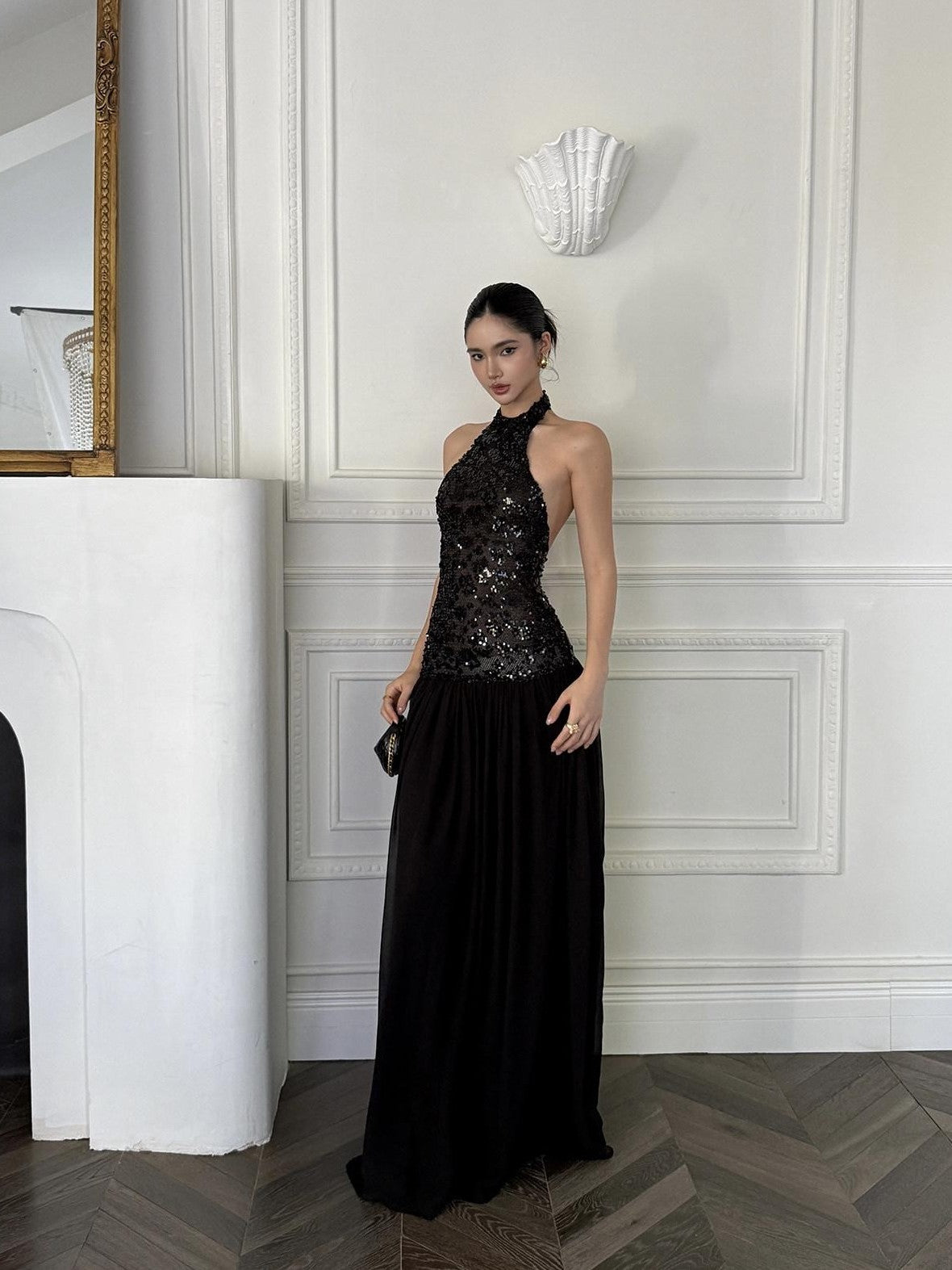 rovente Black Backless Sleeveless Women's Sequin Halter Maxi Dresses