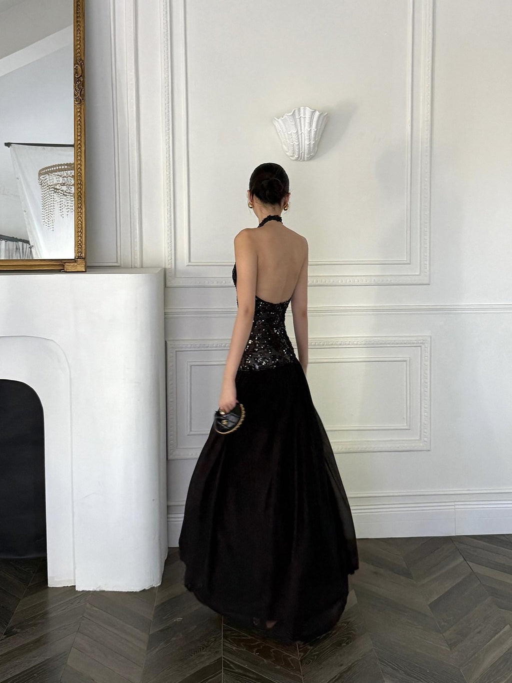 rovente Black Backless Sleeveless Women's Sequin Halter Maxi Dresses