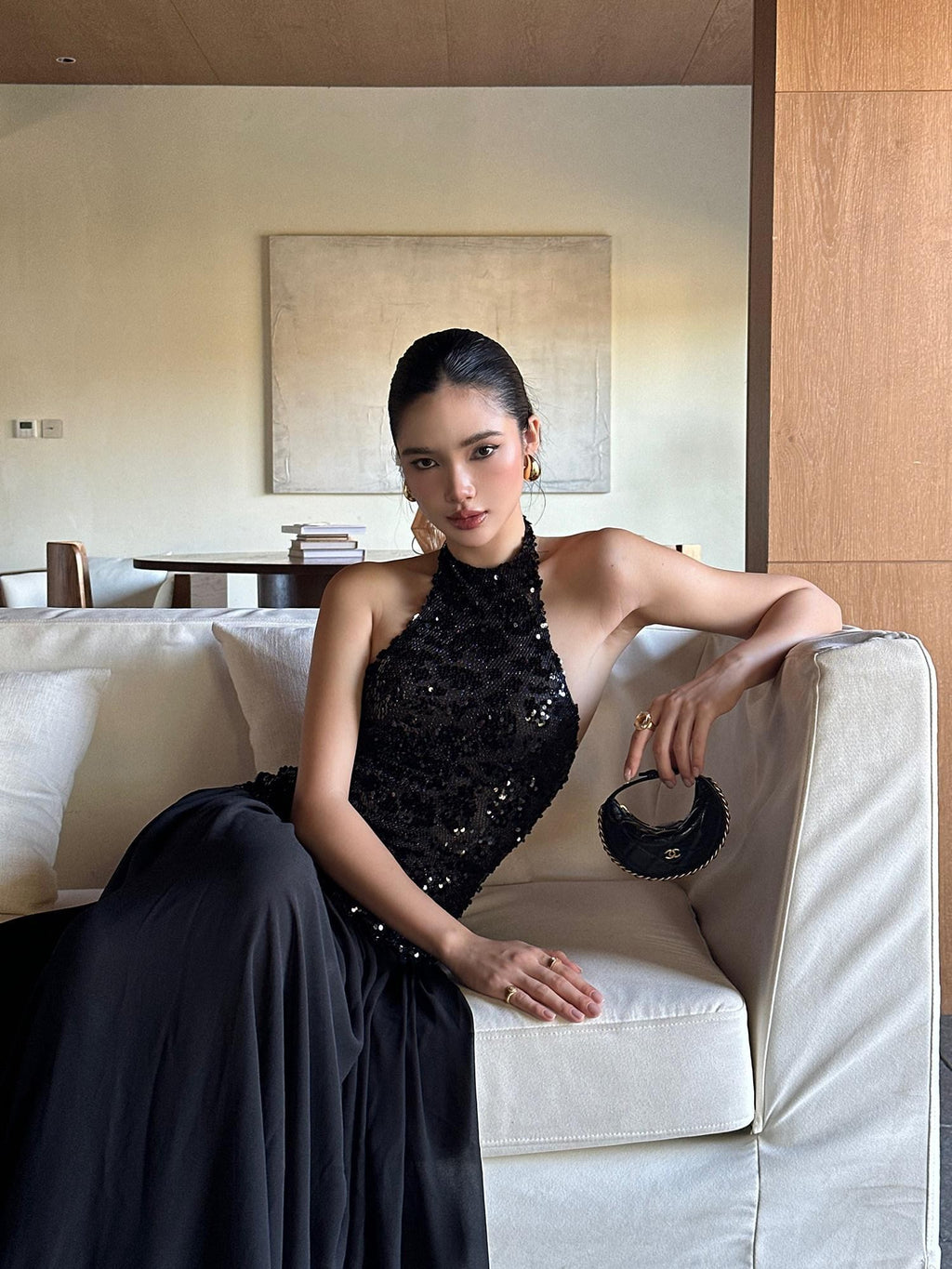 rovente Black Backless Sleeveless Women's Sequin Halter Maxi Dresses
