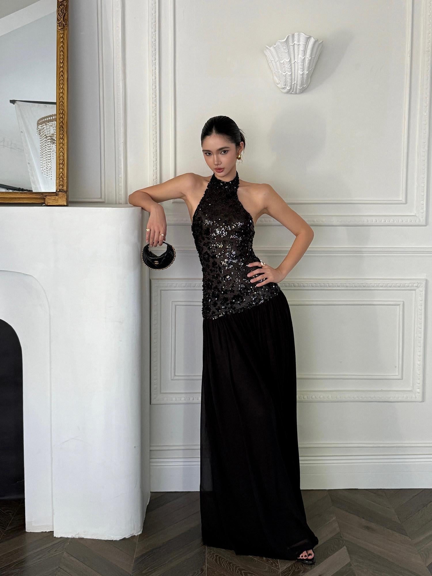 rovente Black Backless Sleeveless Women's Sequin Halter Maxi Dresses