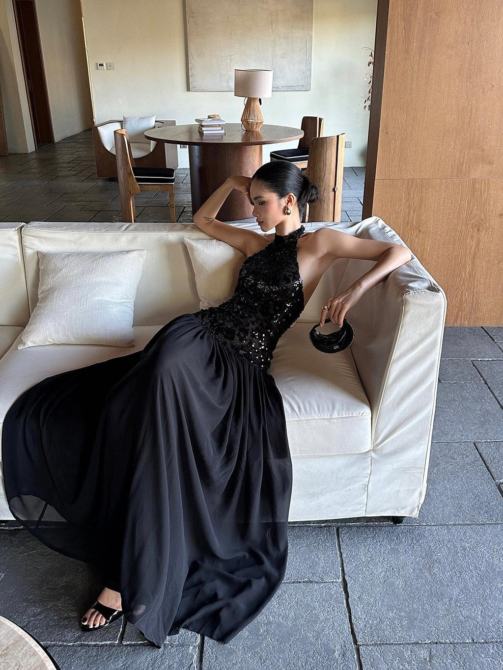 rovente Black Backless Sleeveless Women's Sequin Halter Maxi Dresses