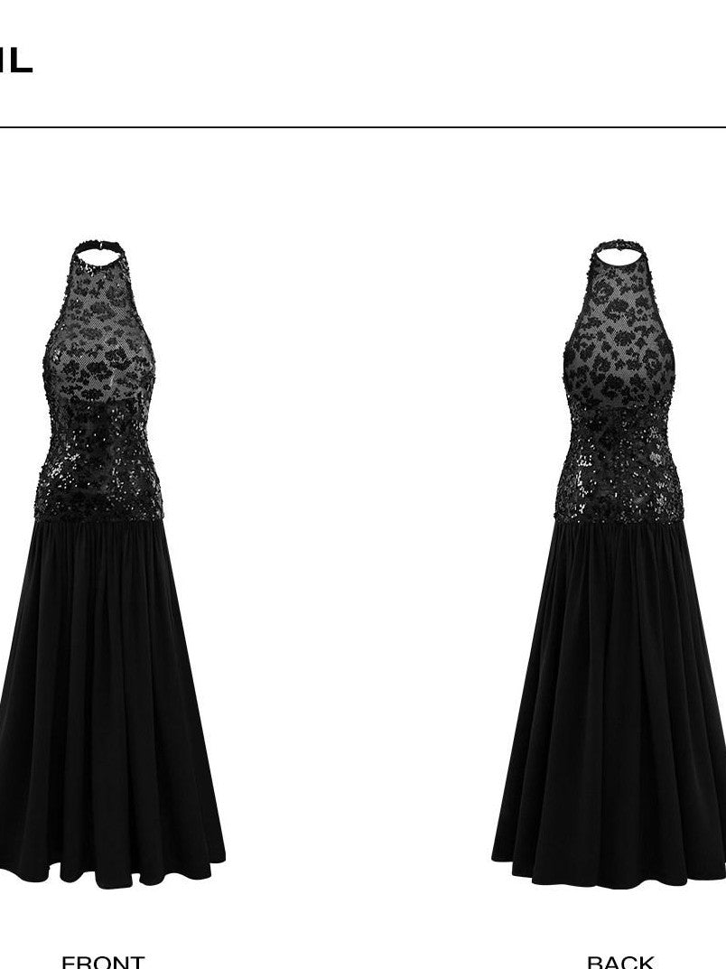 rovente Black Backless Sleeveless Women's Sequin Halter Maxi Dresses