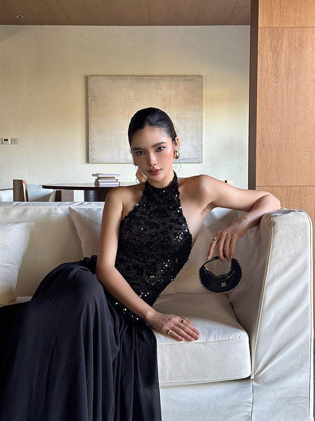 rovente Black Backless Sleeveless Women's Sequin Halter Maxi Dresses