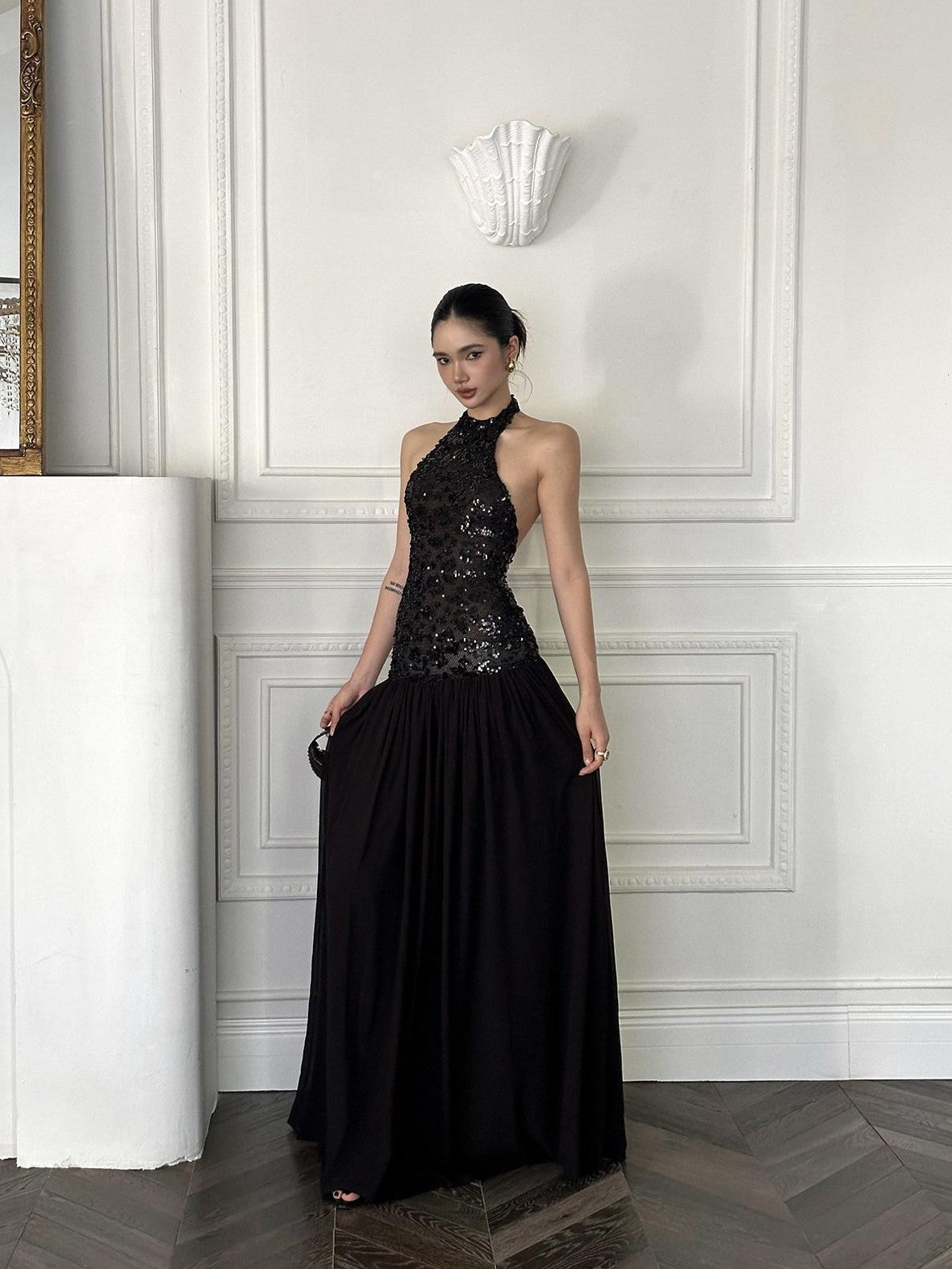 rovente Black Backless Sleeveless Women's Sequin Halter Maxi Dresses