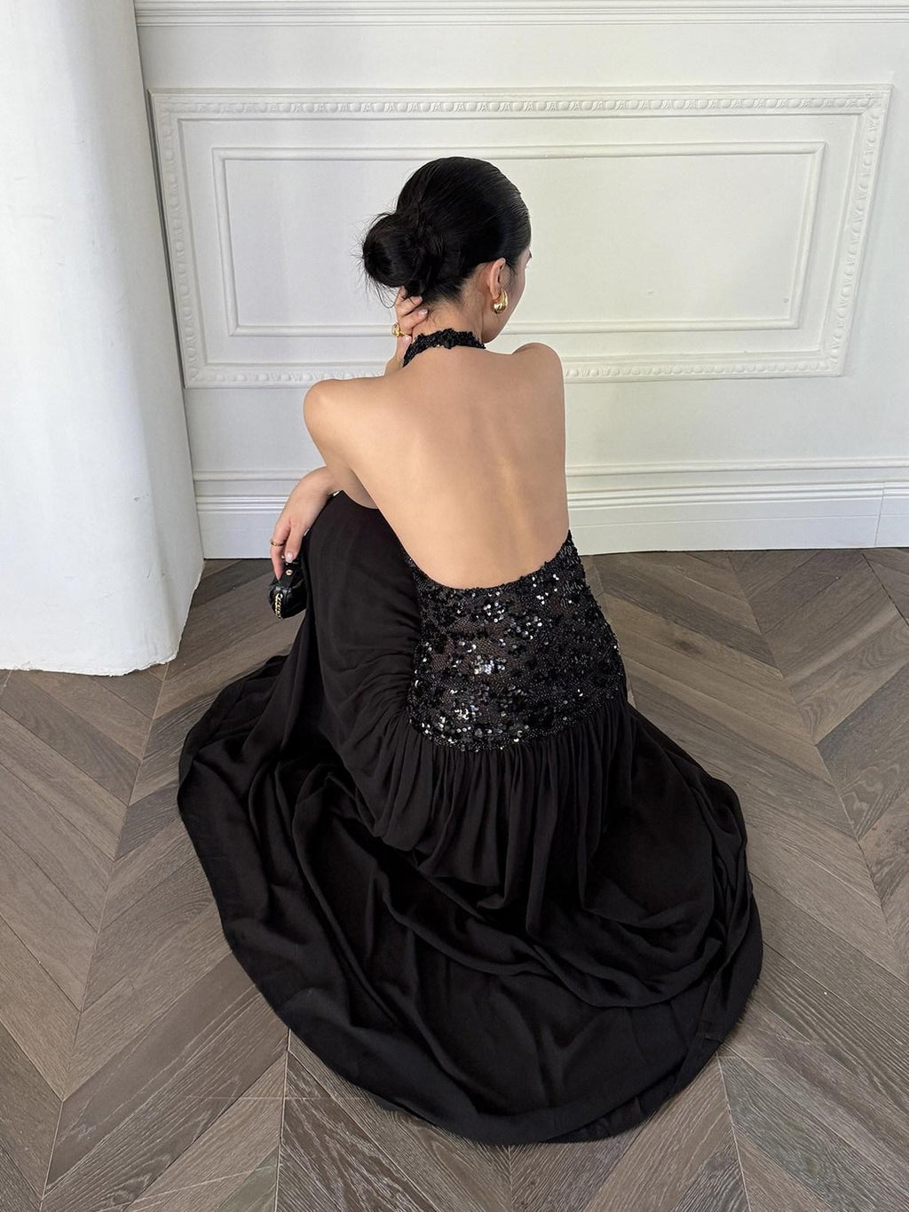 rovente Black Backless Sleeveless Women's Sequin Halter Maxi Dresses