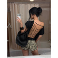 rovente_Black_Beaded_Open_Back_One_Shoulder_Cutout_Women's_Modal_Short_Sleeve_T-shirts_1054256200180_MISSTT