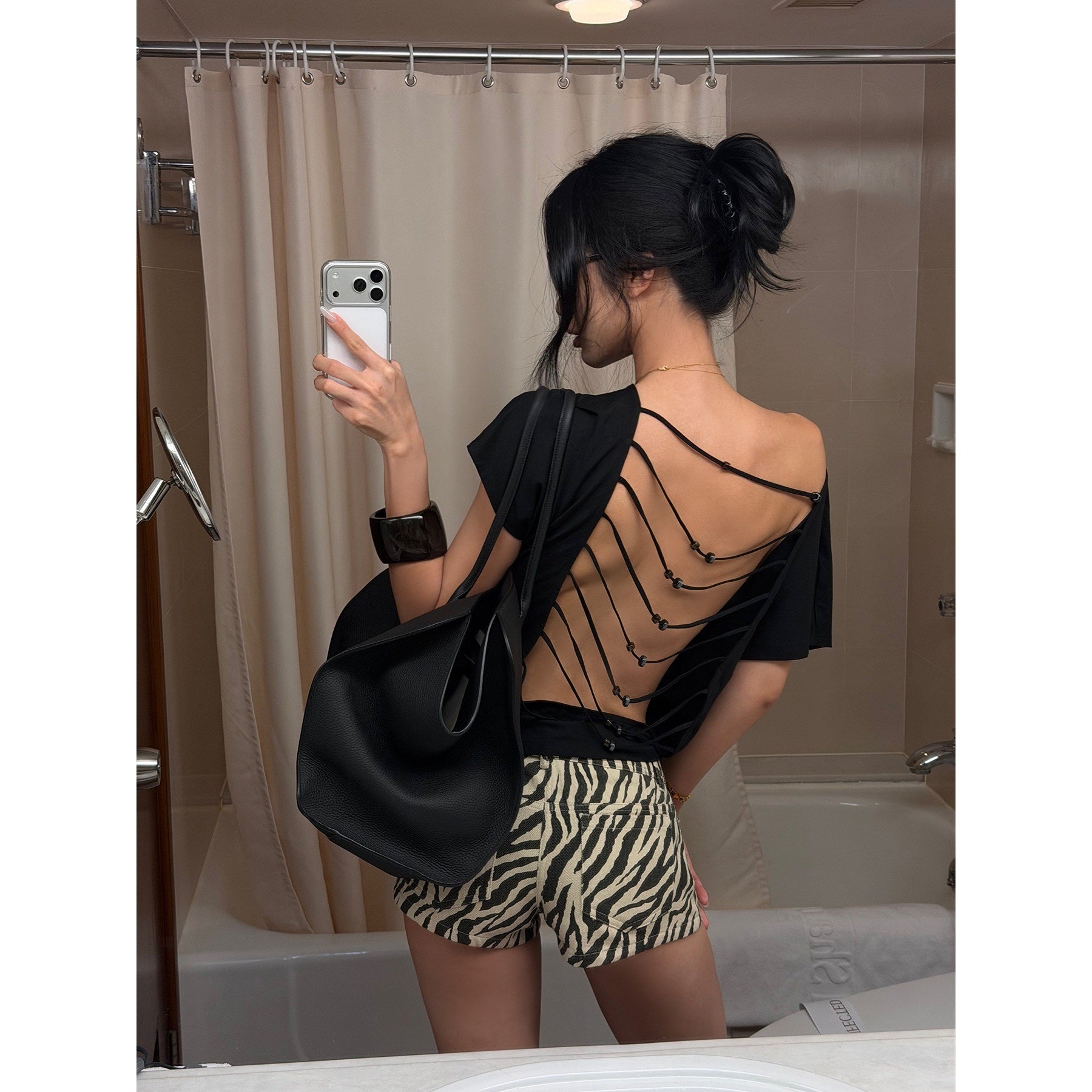 rovente_Black_Beaded_Open_Back_One_Shoulder_Cutout_Women's_Modal_Short_Sleeve_T-shirts_1054256200180_MISSTT