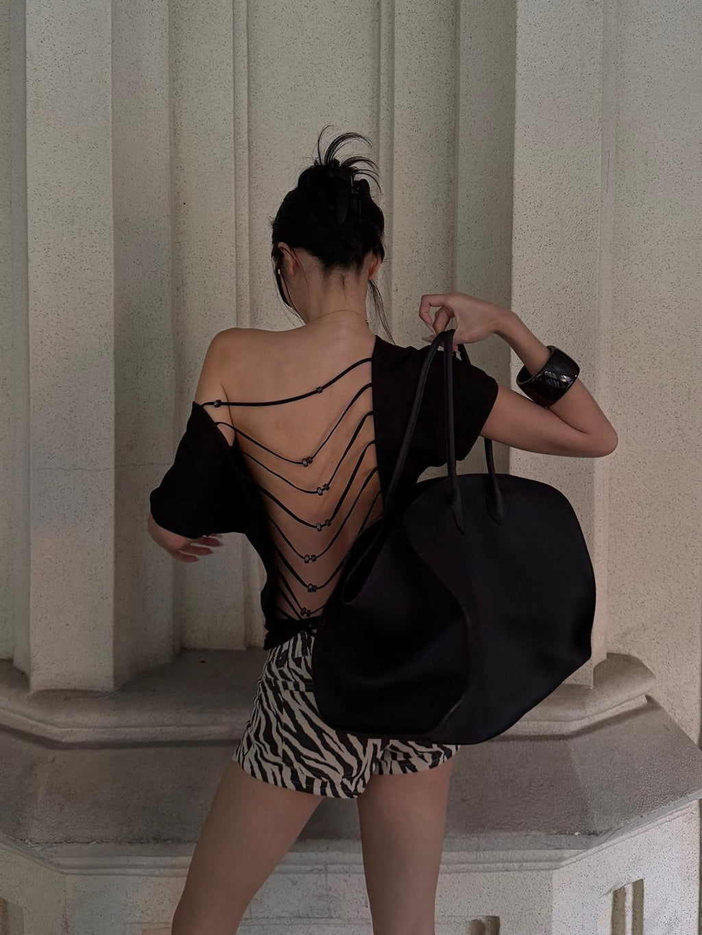 rovente Black Beaded Open Back One Shoulder Cutout Women's Modal Short Sleeve T-shirts