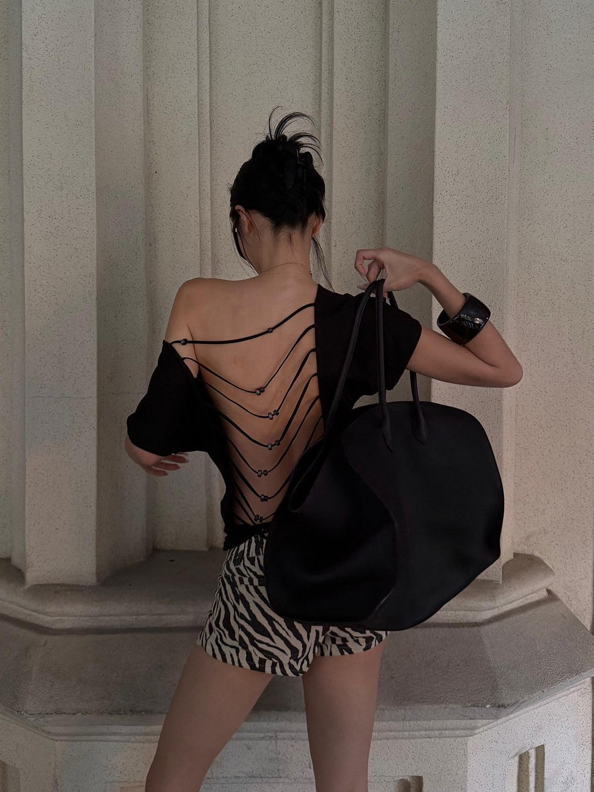 rovente Black Beaded Open Back One Shoulder Cutout Women's Modal Short Sleeve T-shirts