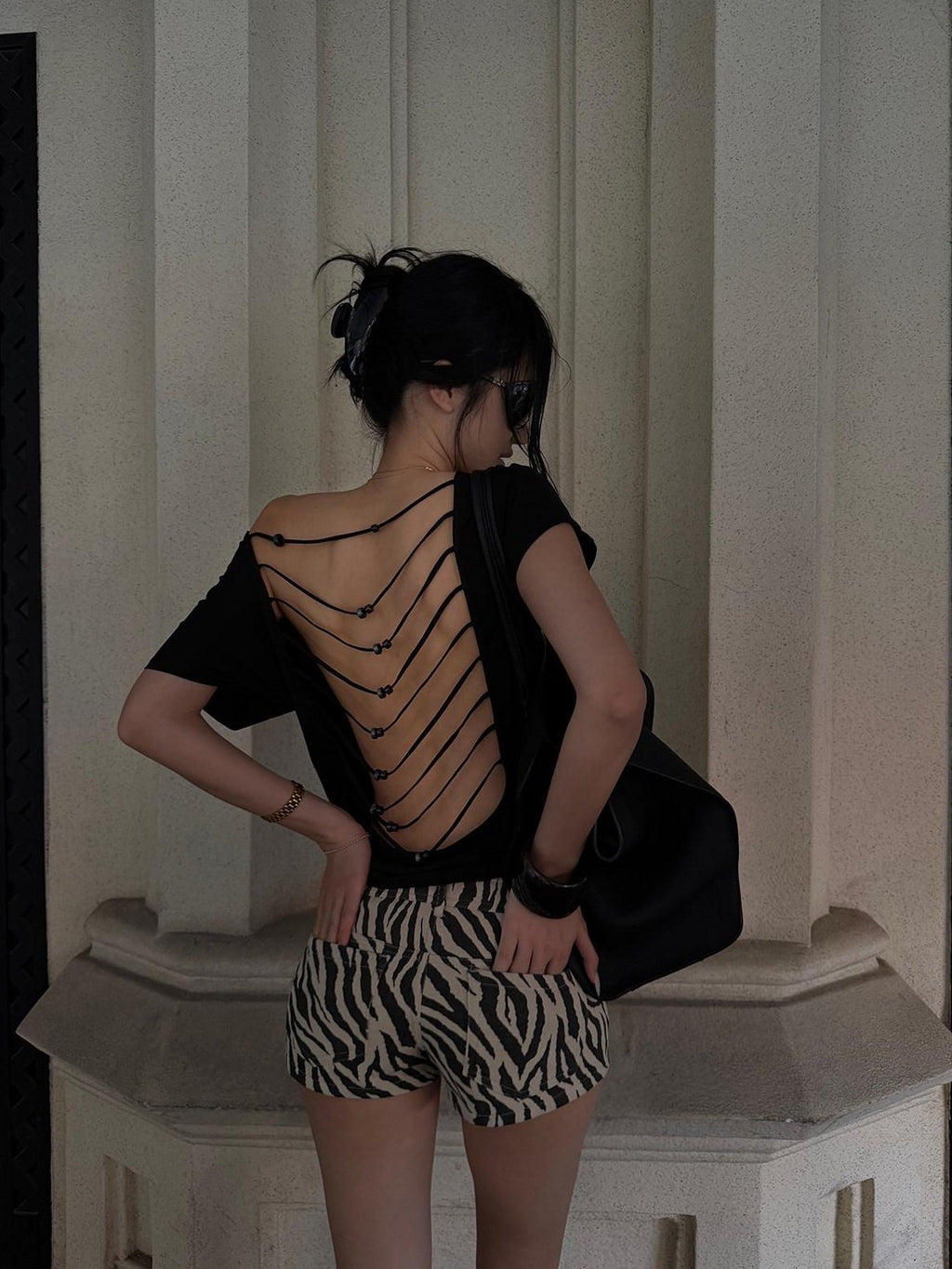 rovente Black Beaded Open Back One Shoulder Cutout Women's Modal Short Sleeve T-shirts