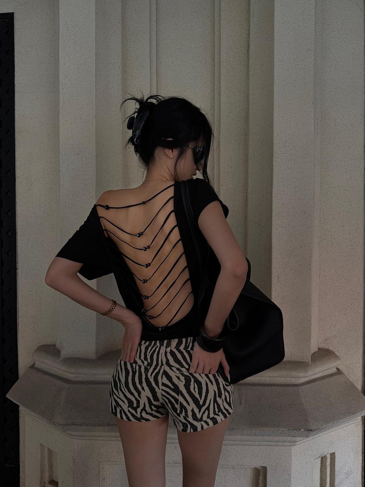 rovente Black Beaded Open Back One Shoulder Cutout Women's Modal Short Sleeve T-shirts