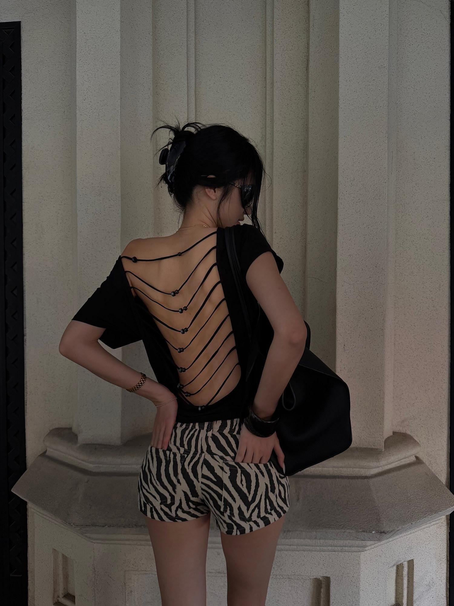 rovente Black Beaded Open Back One Shoulder Cutout Women's Modal Short Sleeve T-shirts