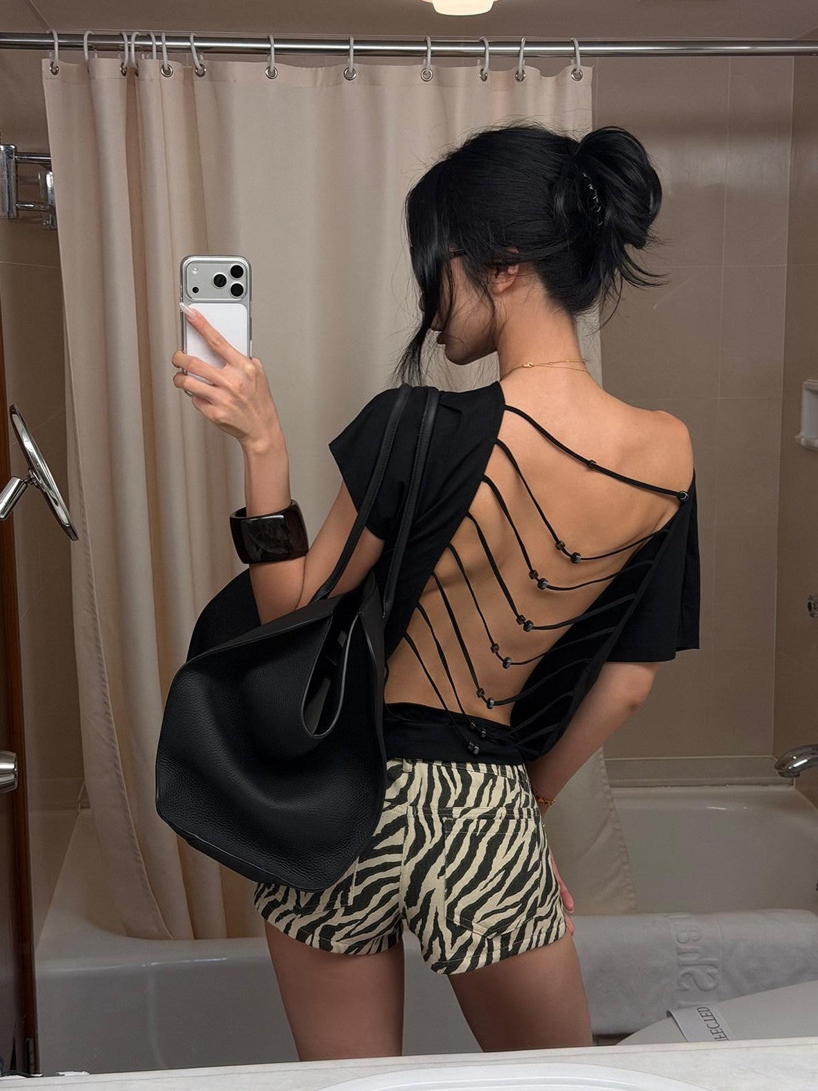 rovente Black Beaded Open Back One Shoulder Cutout Women's Modal Short Sleeve T-shirts