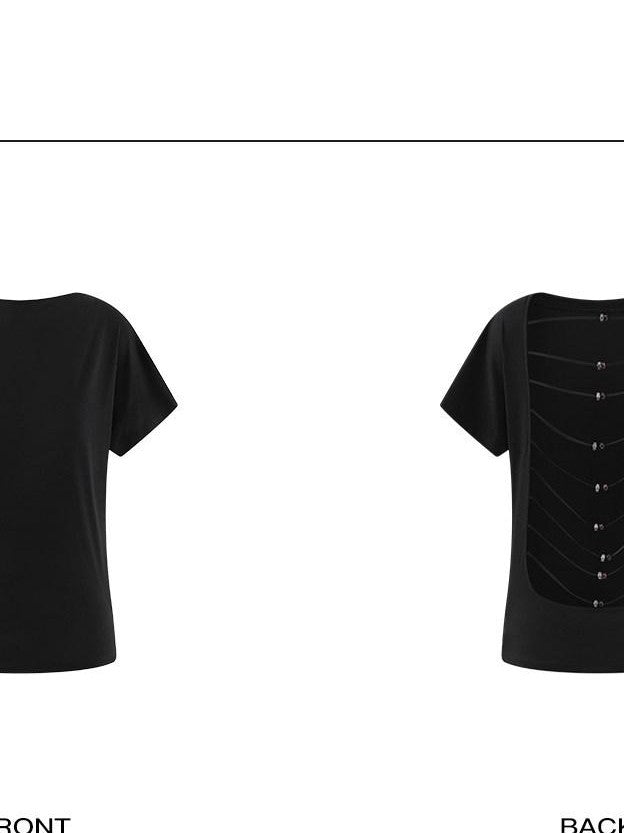 rovente Black Beaded Open Back One Shoulder Cutout Women's Modal Short Sleeve T-shirts