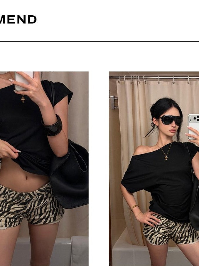 rovente Black Beaded Open Back One Shoulder Cutout Women's Modal Short Sleeve T-shirts