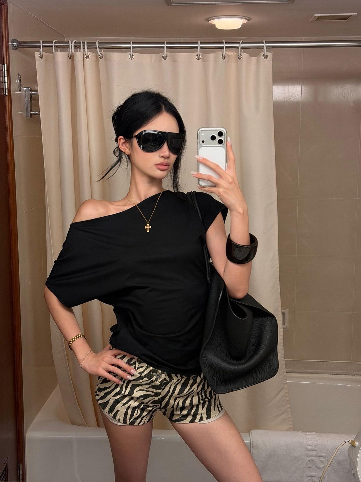 rovente Black Beaded Open Back One Shoulder Cutout Women's Modal Short Sleeve T-shirts