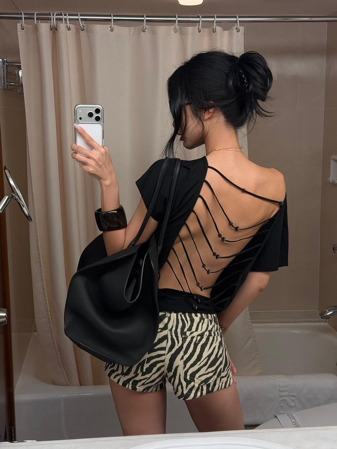 rovente Black Beaded Open Back One Shoulder Cutout Women's Modal Short Sleeve T-shirts