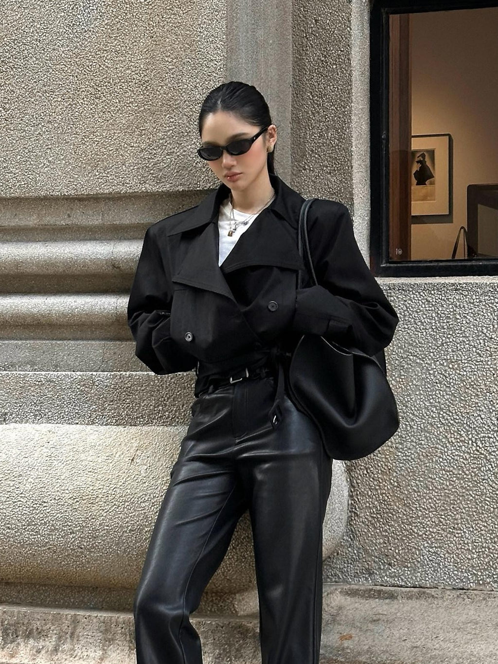 rovente Black Blazer Collar Belted Relaxed Women's Cotton Short Trench Coats