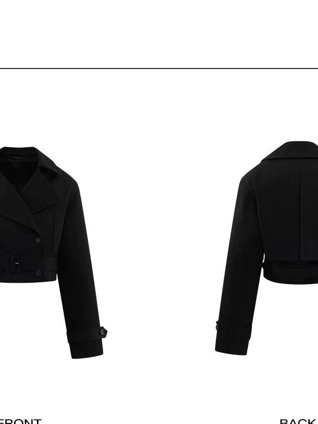 rovente Black Blazer Collar Belted Relaxed Women's Cotton Short Trench Coats