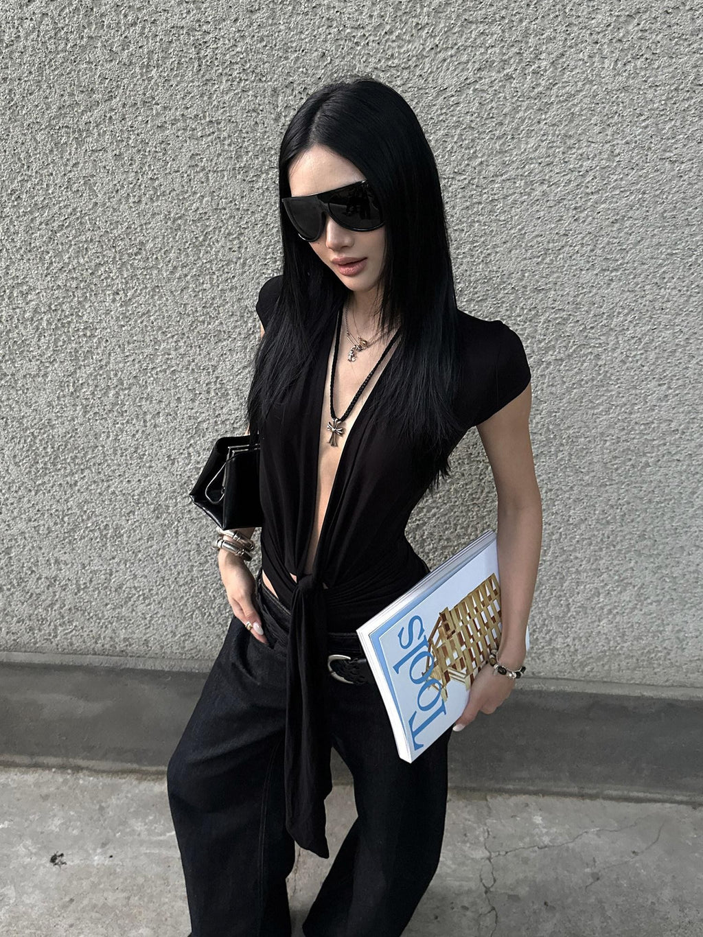 rovente Black Cutout Deep V Slim Women's Lyocell Short Sleeve Bodysuits
