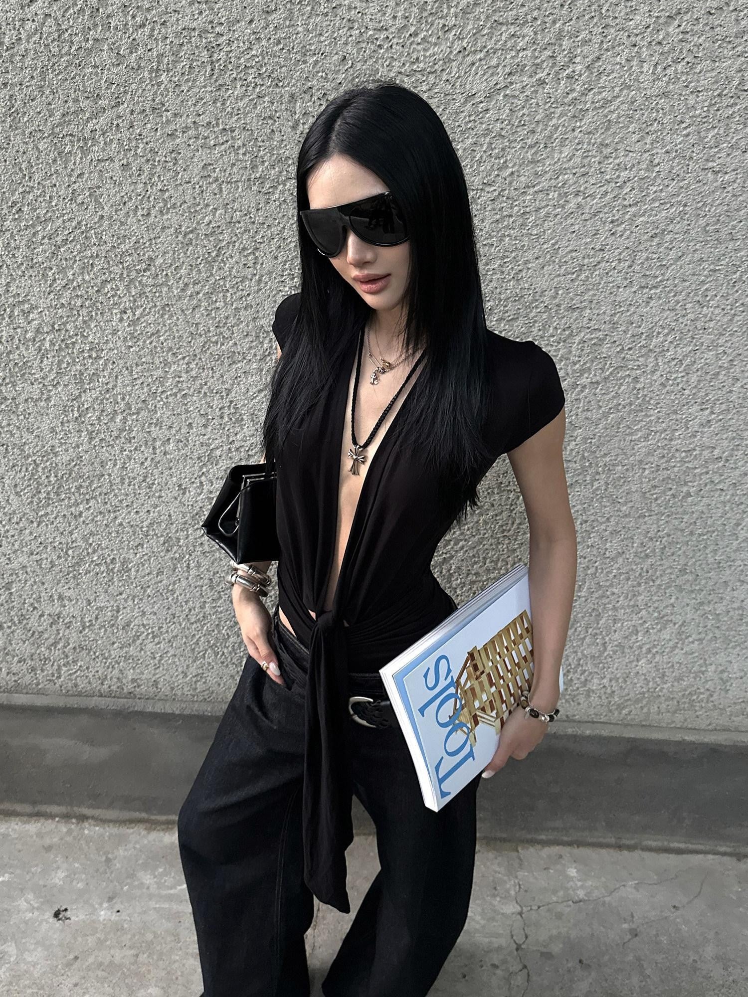 rovente Black Cutout Deep V Slim Women's Lyocell Short Sleeve Bodysuits