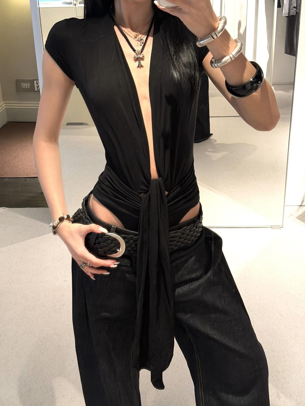 rovente Black Cutout Deep V Slim Women's Lyocell Short Sleeve Bodysuits