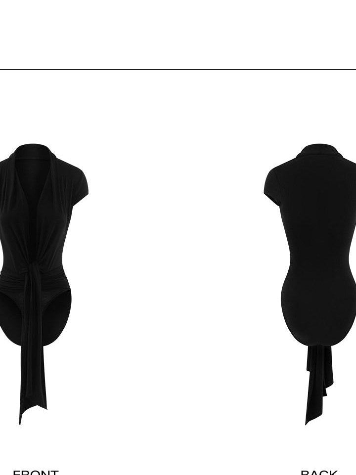 rovente Black Cutout Deep V Slim Women's Lyocell Short Sleeve Bodysuits