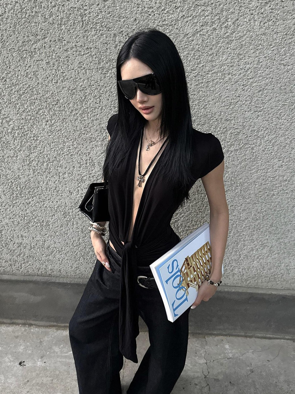 rovente Black Cutout Deep V Slim Women's Lyocell Short Sleeve Bodysuits