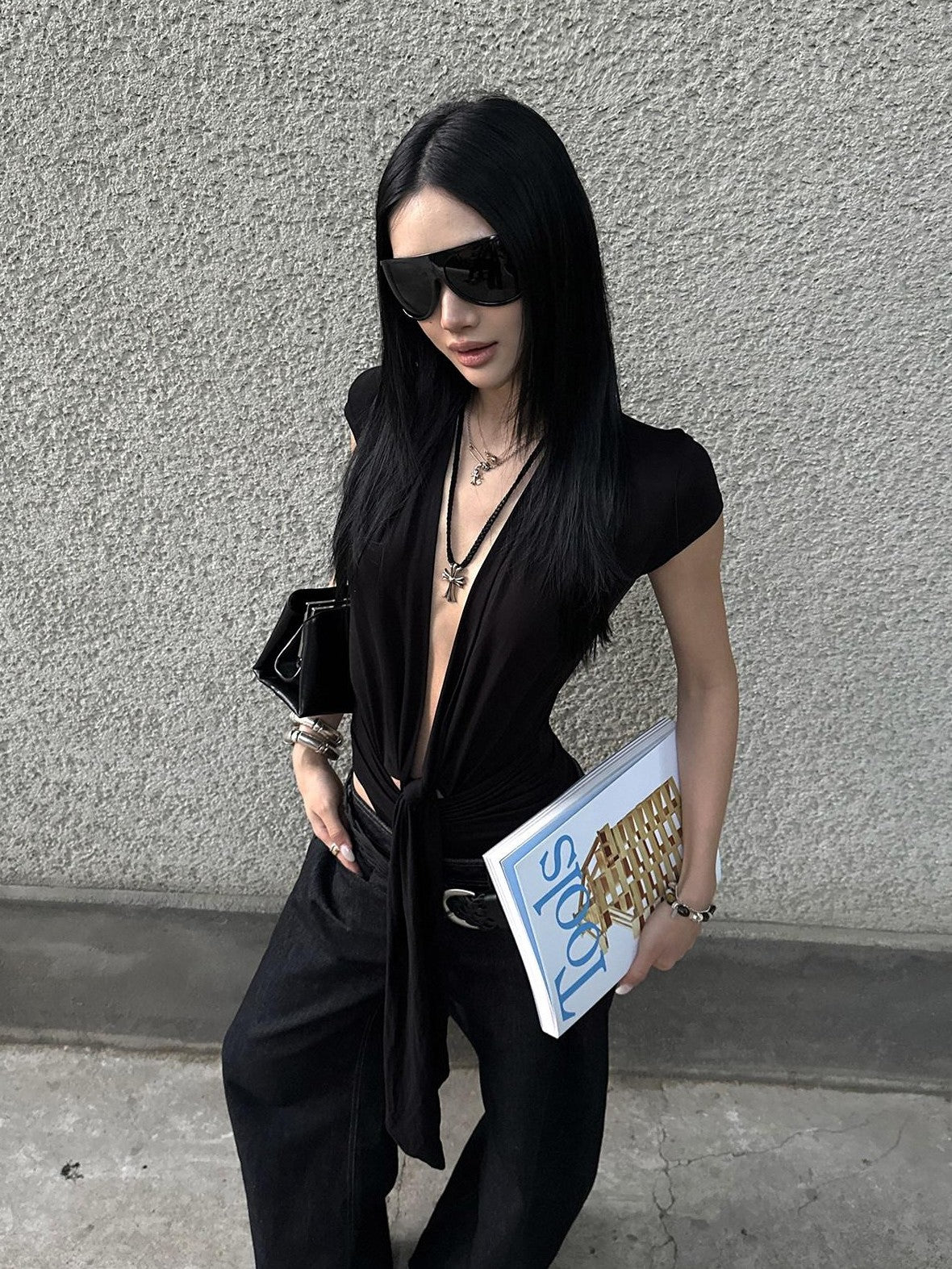 rovente Black Cutout Deep V Slim Women's Lyocell Short Sleeve Bodysuits