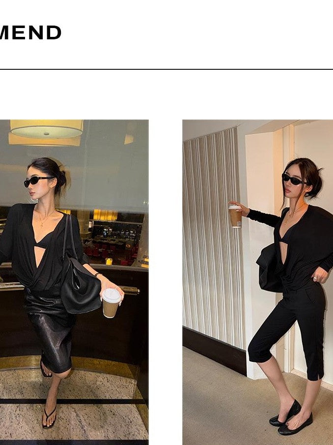 rovente Black Deconstructed Deep V-neck Batwing Sleeve Women's Long Sleeve T-shirts