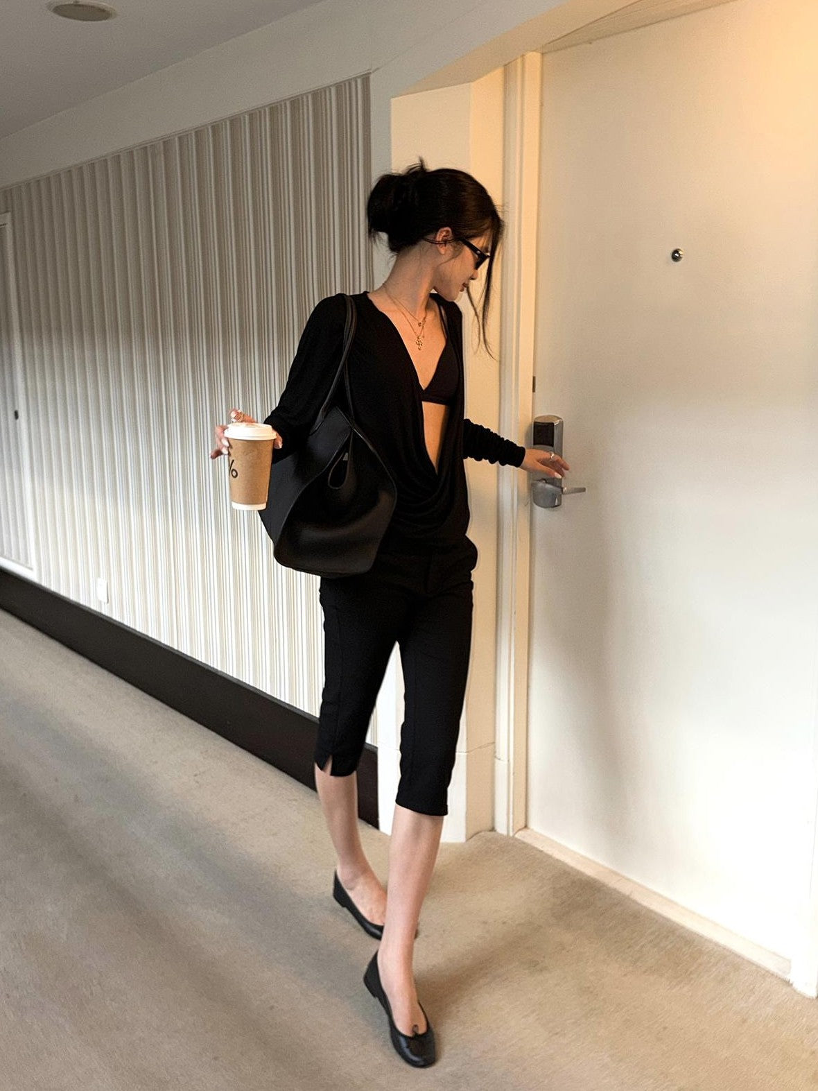 rovente Black Deconstructed Deep V-neck Batwing Sleeve Women's Long Sleeve T-shirts