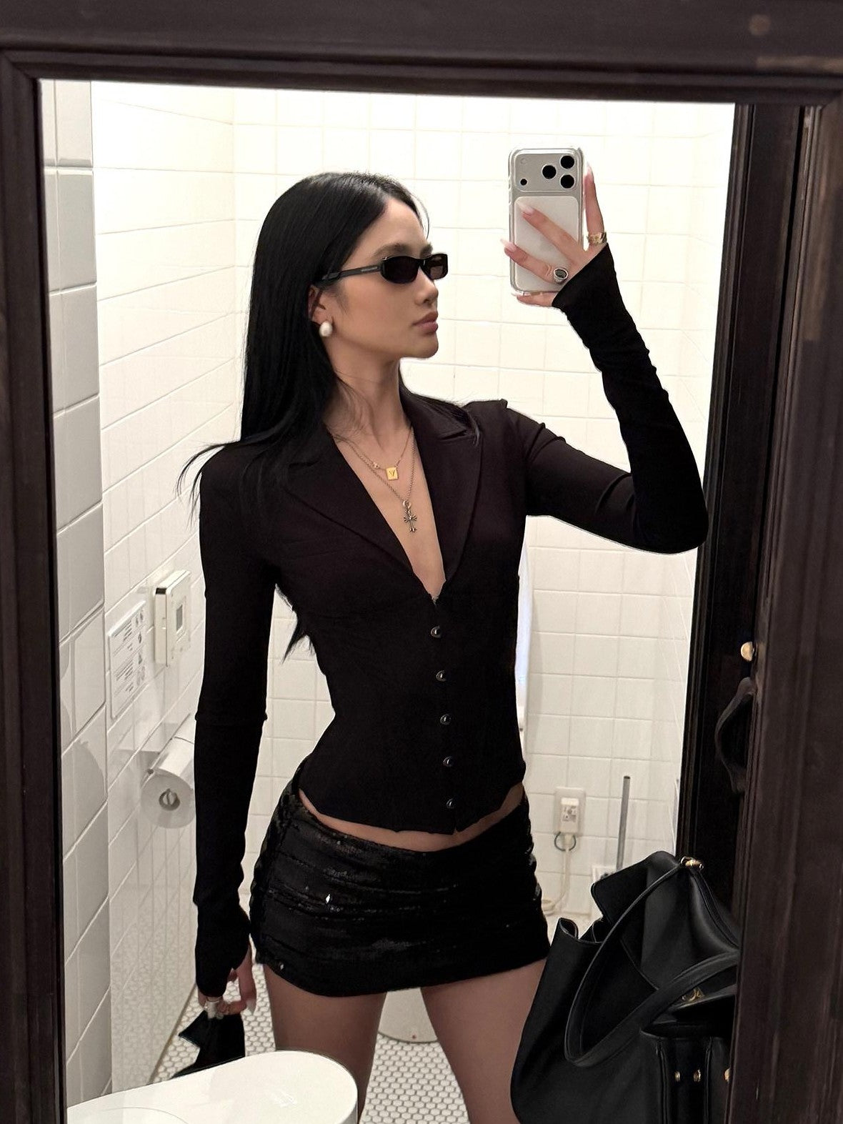 rovente Black Deep V Fishbone Blazer Collar Slim Fit Women's Viscose Blend Woven Blouses