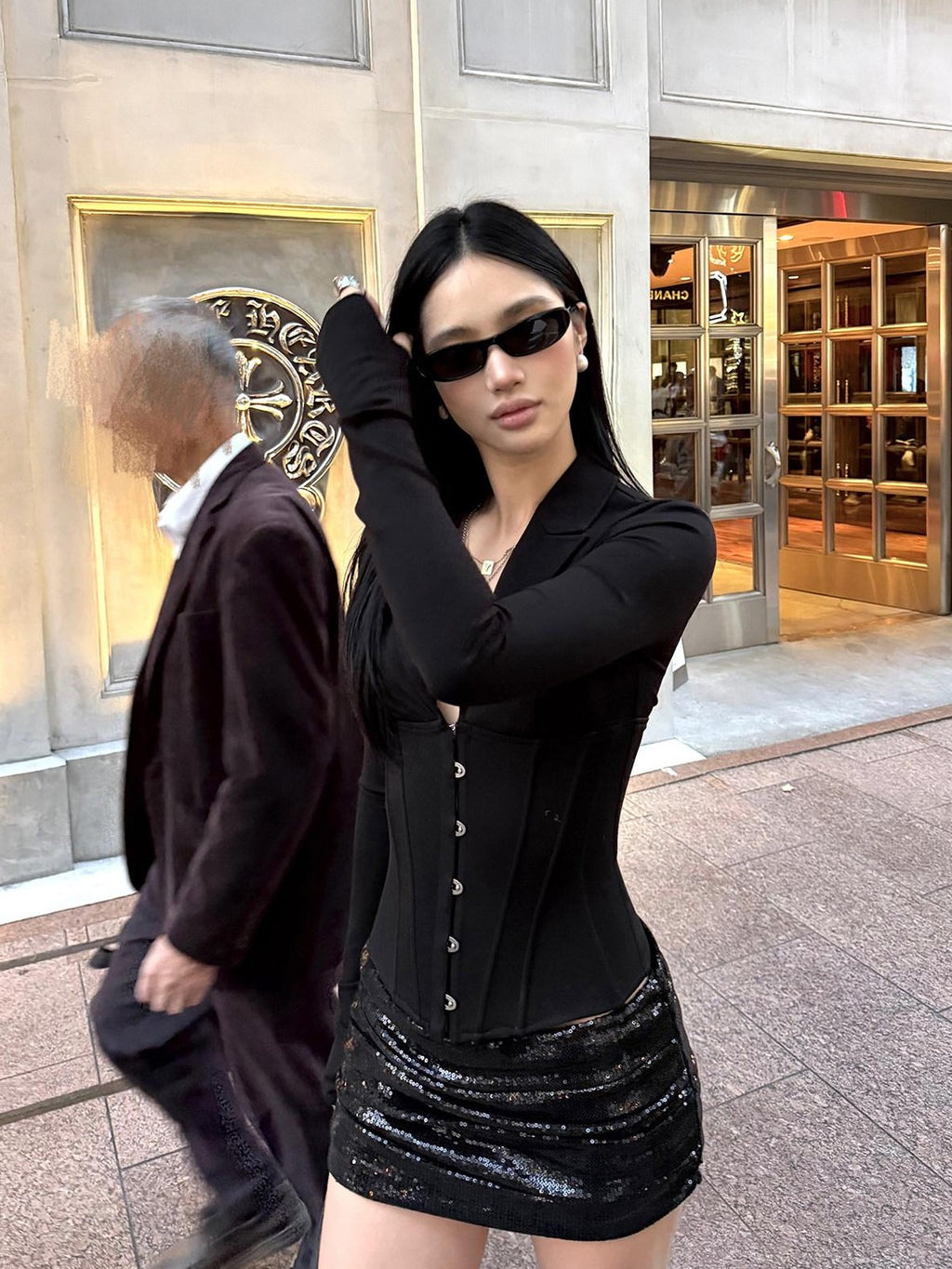 rovente Black Deep V Fishbone Blazer Collar Slim Fit Women's Viscose Blend Woven Blouses