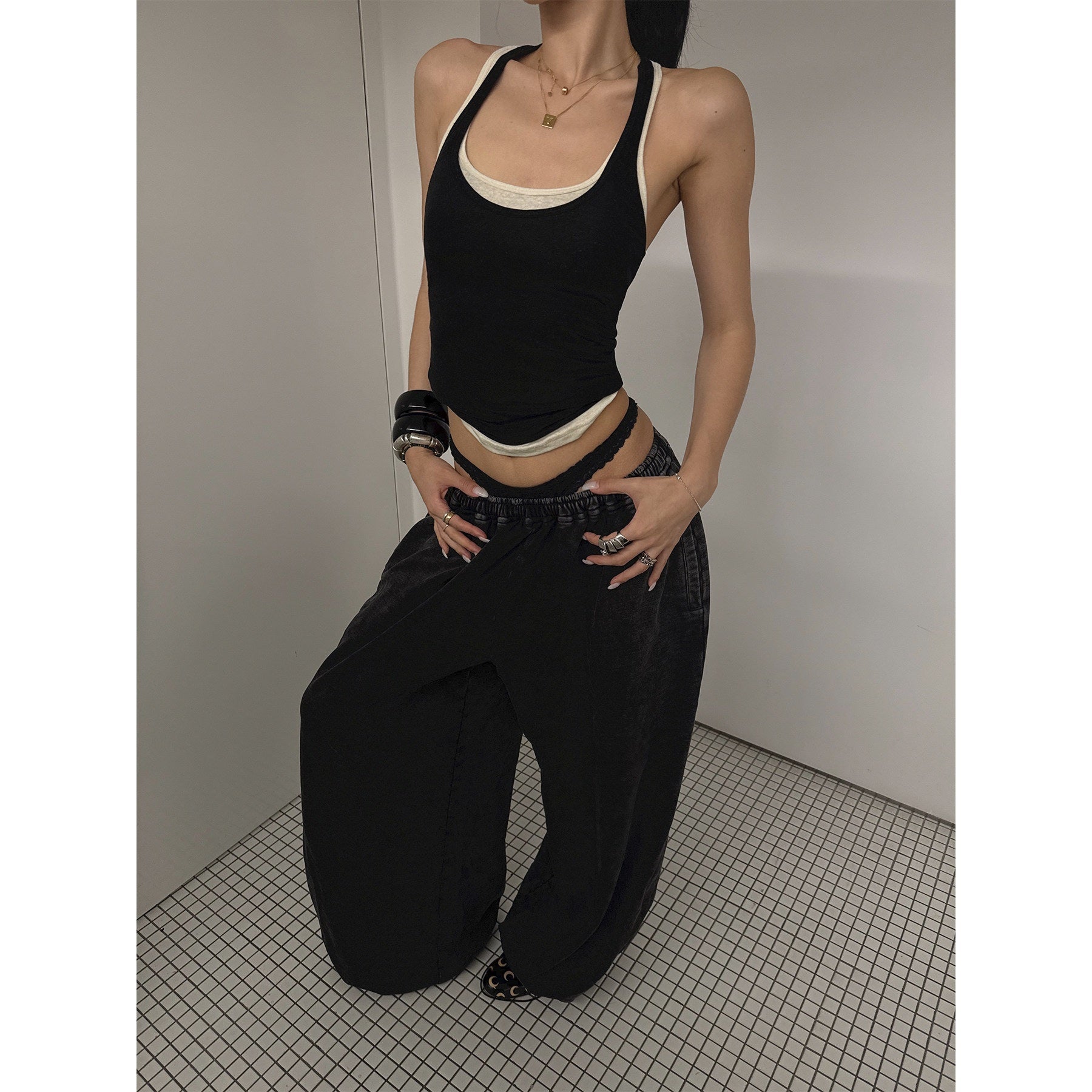 rovente_Black_Faux_Layered_Workwear_Women's_High_Stretch_Wide-leg_Pants_1050813101716_MISSTT