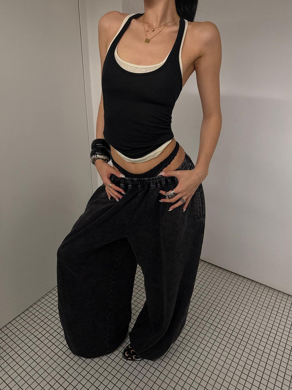 rovente Black Faux Layered Workwear Women's High Stretch Wide-leg Pants