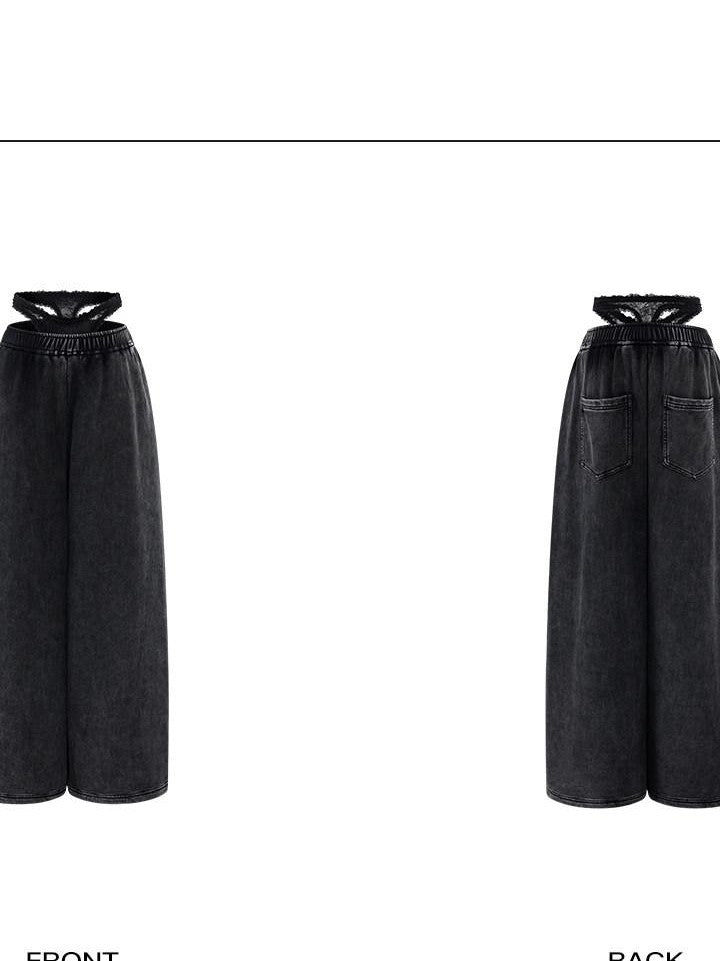 rovente Black Faux Layered Workwear Women's High Stretch Wide-leg Pants